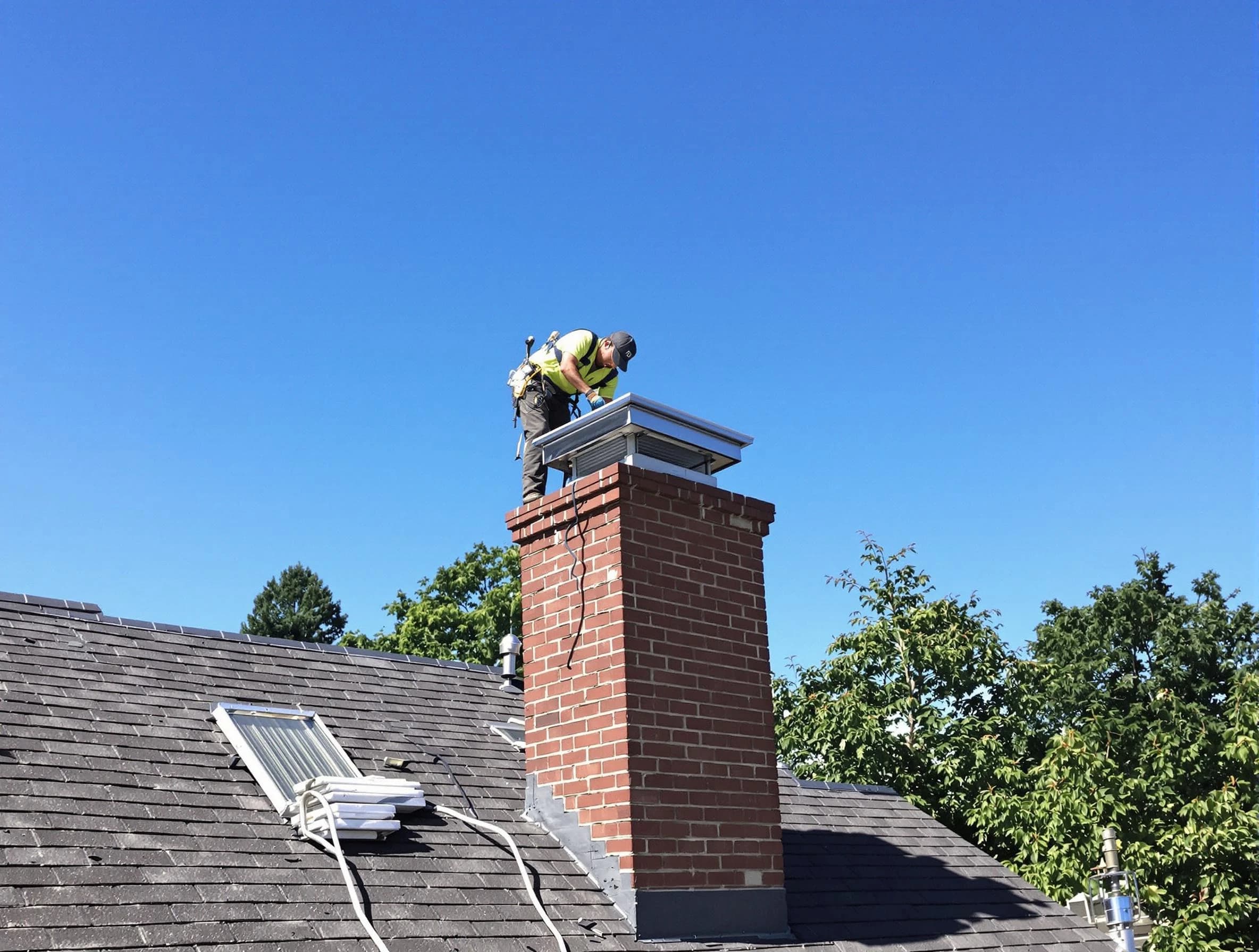 Spring Valley Chimney Sweep technician measuring a chimney cap in Spring Valley, NY